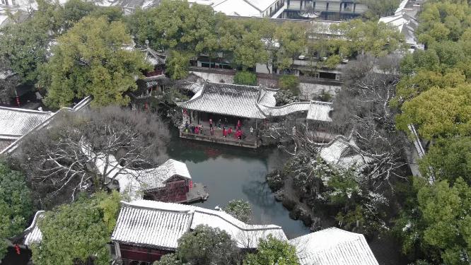 航拍苏州退思园雪景冬季苏州园林