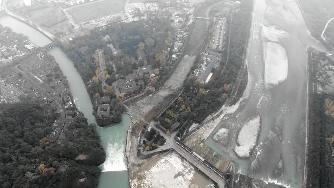航拍四川成都市都江堰鱼嘴宝瓶口飞沙堰