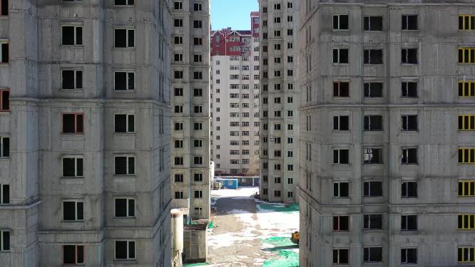 航拍楼房工地施工楼近景特写