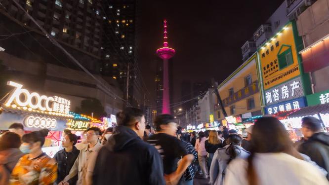 沈阳彩电塔夜市小吃街夜景延时
