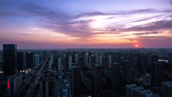 俯瞰沈阳城市建筑黄昏夕阳彩霞