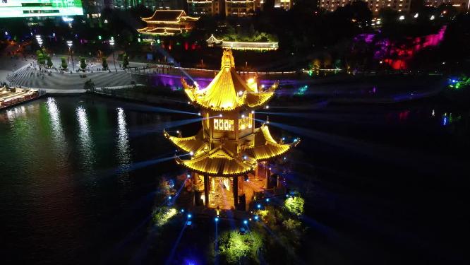 航拍贵州铜仁三江亭夜景灯光