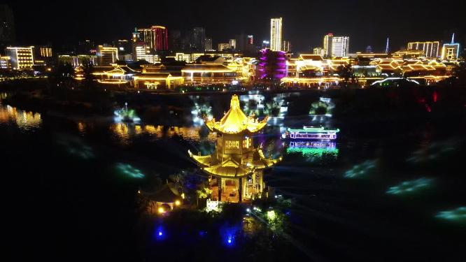 航拍贵州铜仁三江亭夜景灯光