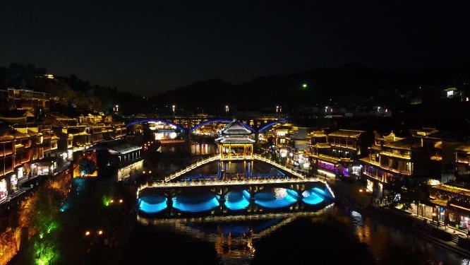 航拍湖南湘西凤凰古城雪桥夜景