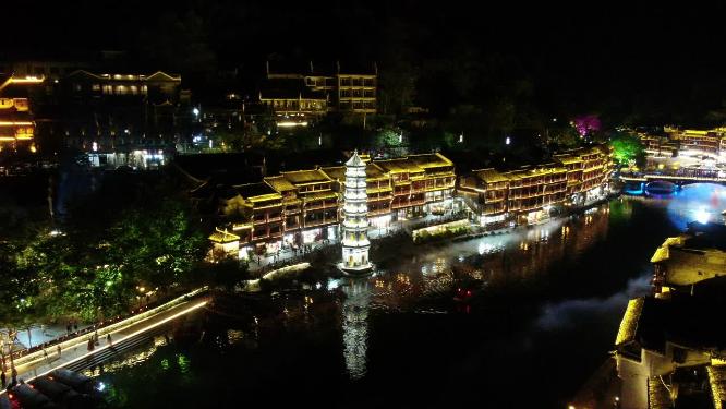 湖南湘西凤凰古城著名旅游景点航拍