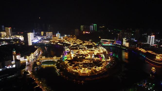 航拍贵州铜仁古城夜景