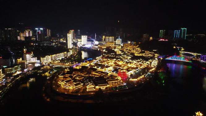 航拍贵州铜仁古城夜景