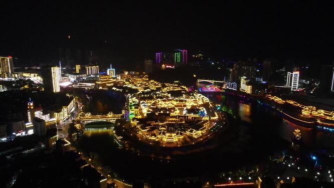 航拍贵州铜仁古城夜景