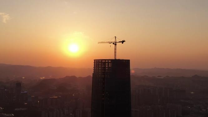 航拍贵阳城市高楼吊塔日落
