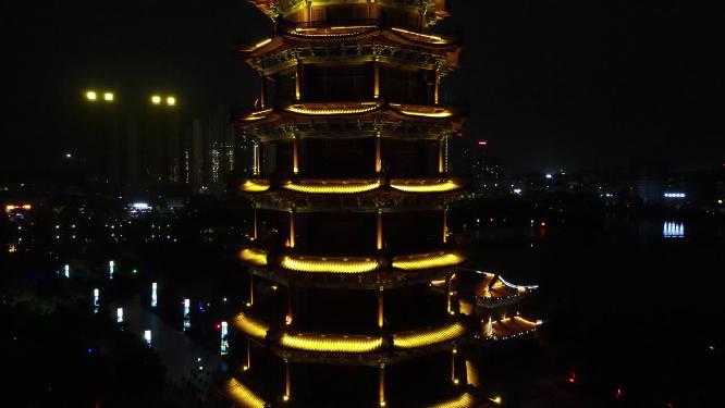 航拍湖南怀化听溪阁夜景