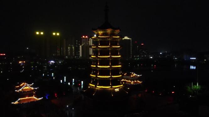 航拍湖南怀化听溪阁夜景