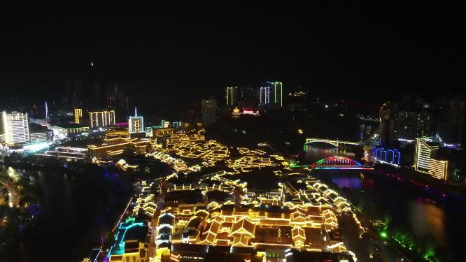 航拍贵州铜仁古城夜景