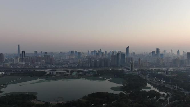 湖北武汉城市清晨日出迷雾航拍
