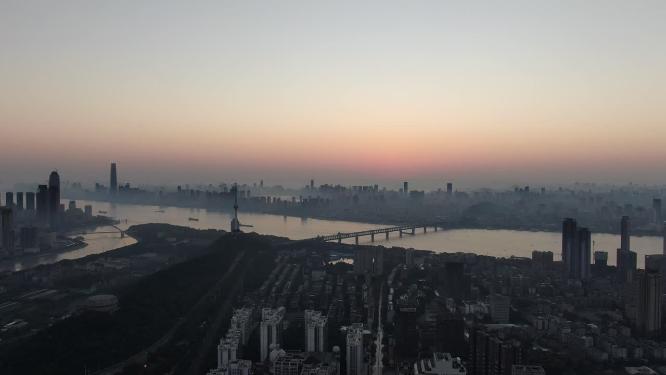 湖北武汉城市清晨日出迷雾航拍