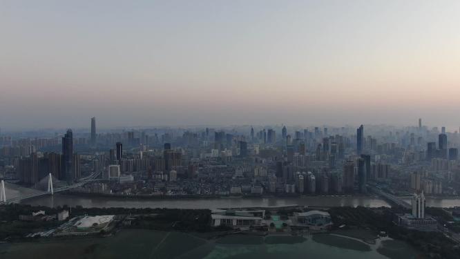 湖北武汉城市清晨日出迷雾航拍
