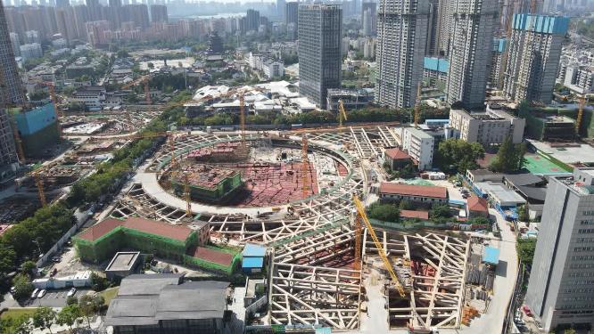 航拍城市高楼地基施工现场