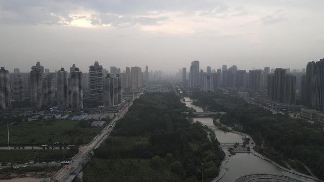 航拍武汉城市雾霾天气