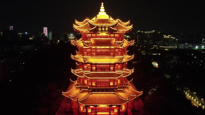 航拍武汉黄鹤楼夜景